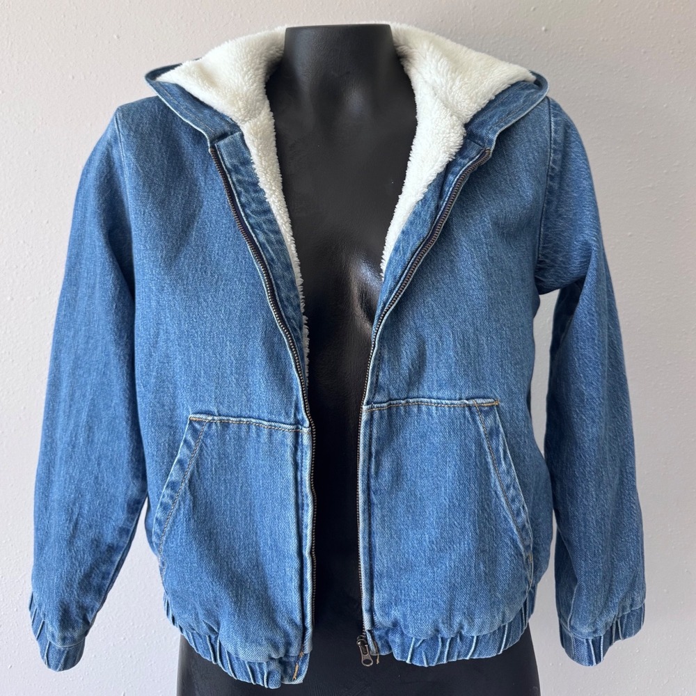 Cat & Jack Kids Blue Denim Sherpa Lined Hooded Bomber Jacket XL 14 Full Zip Girl